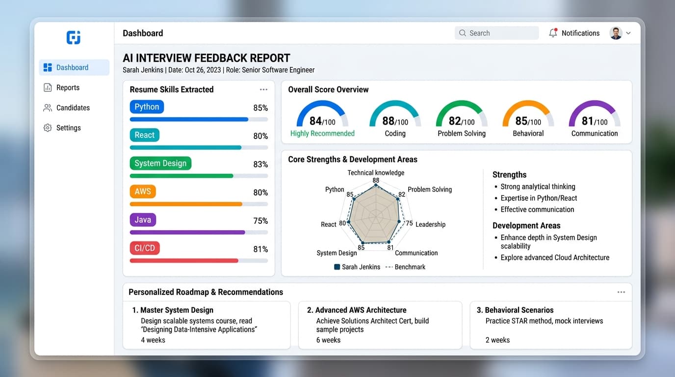 AI Interview feedback dashboard and skill analytics